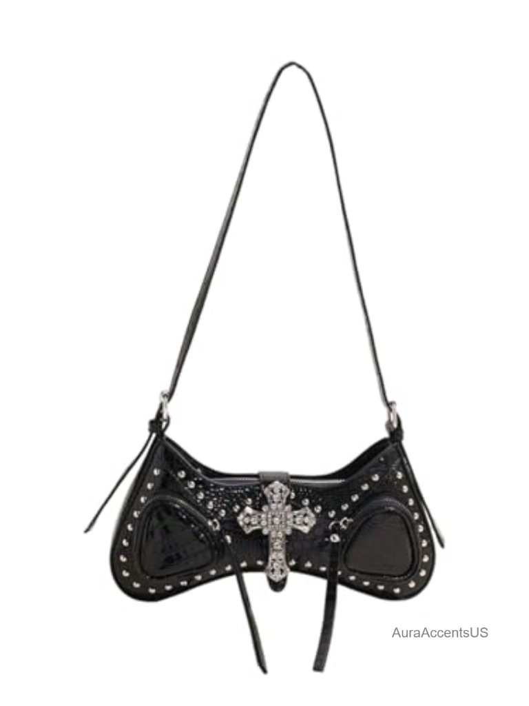Studded Cross Shoulder Handbag Y2k Punk Hobo Bag Pu Leather Top Handle